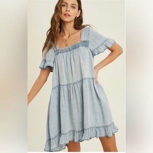 Babydoll dress with square neck in blue chambray from Wishlist Apparel size M/L